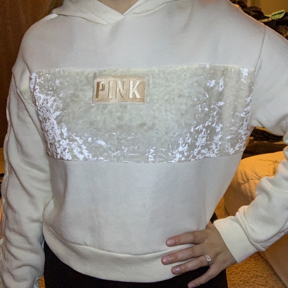PINK Victoria's Secret Tops - PINK Victoria’s Secret monochrome crop velvet lace up sleeve hoodie sweatshirt